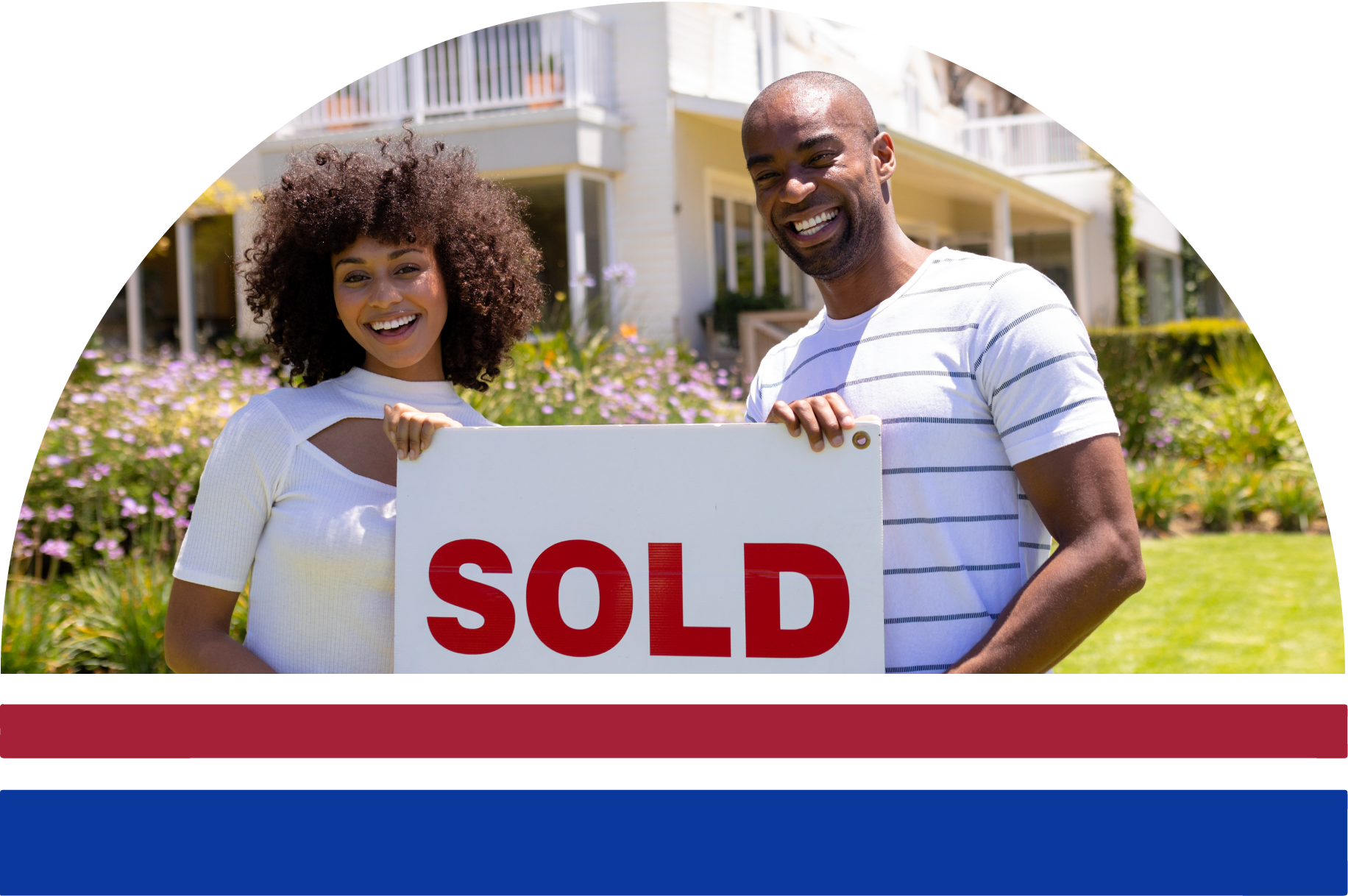 Couple proudly displaying home keys infront of a sold sign. 